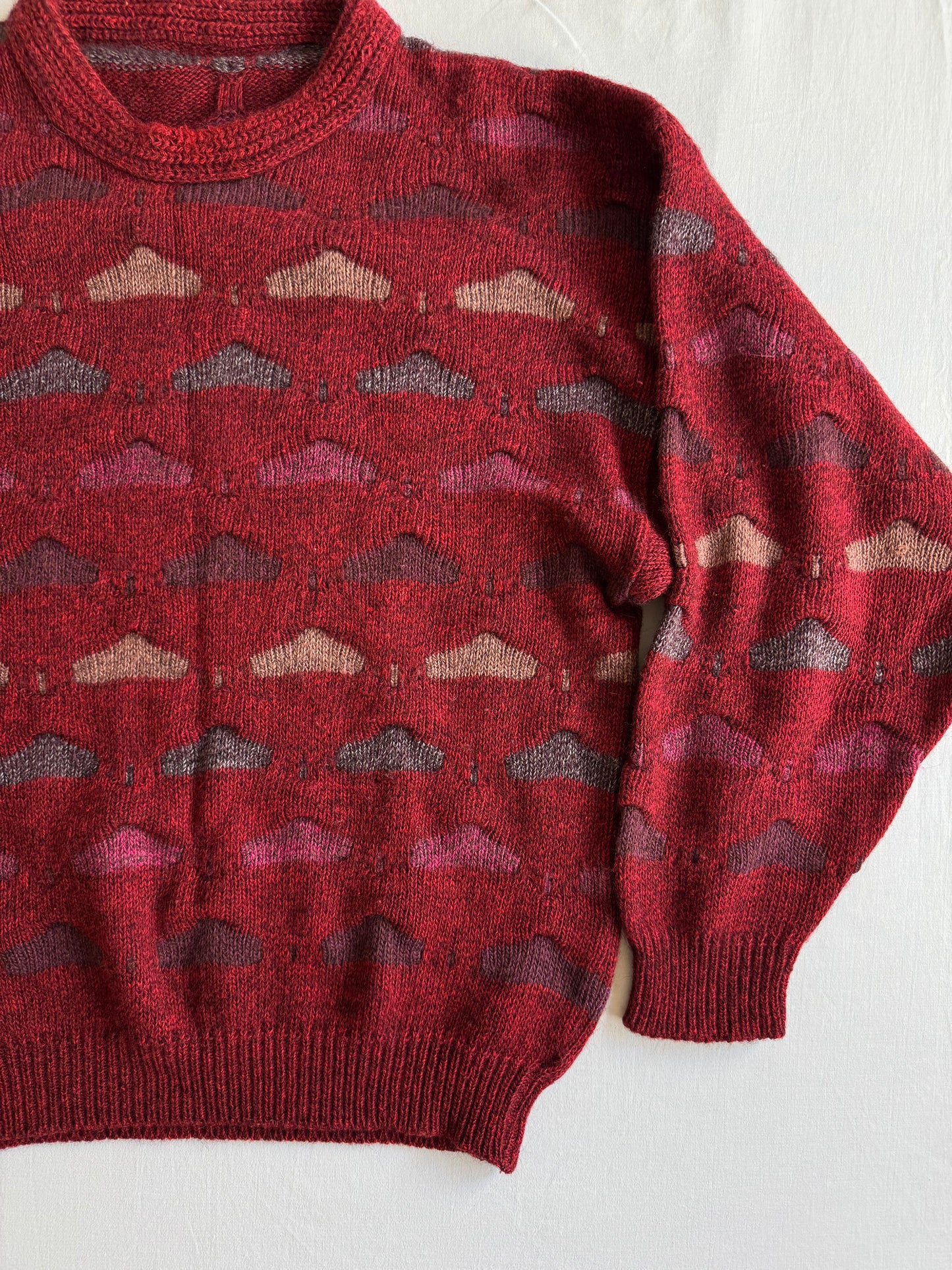 🧶 Pulover Vintage Bărbați Roșu Închis 3D Knit din Lână, Alpaca și Acril – L