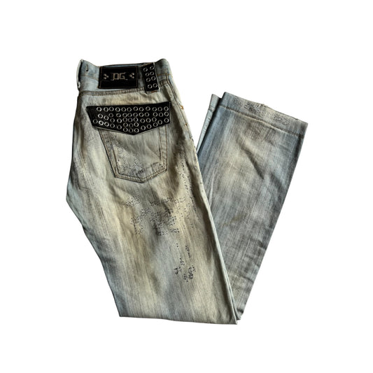 ⭐ Blugi Dolce & Gabbana SS2006 Runway – Eyelet & Leather Belt Loop, Distressed Look (mărimea US 31)