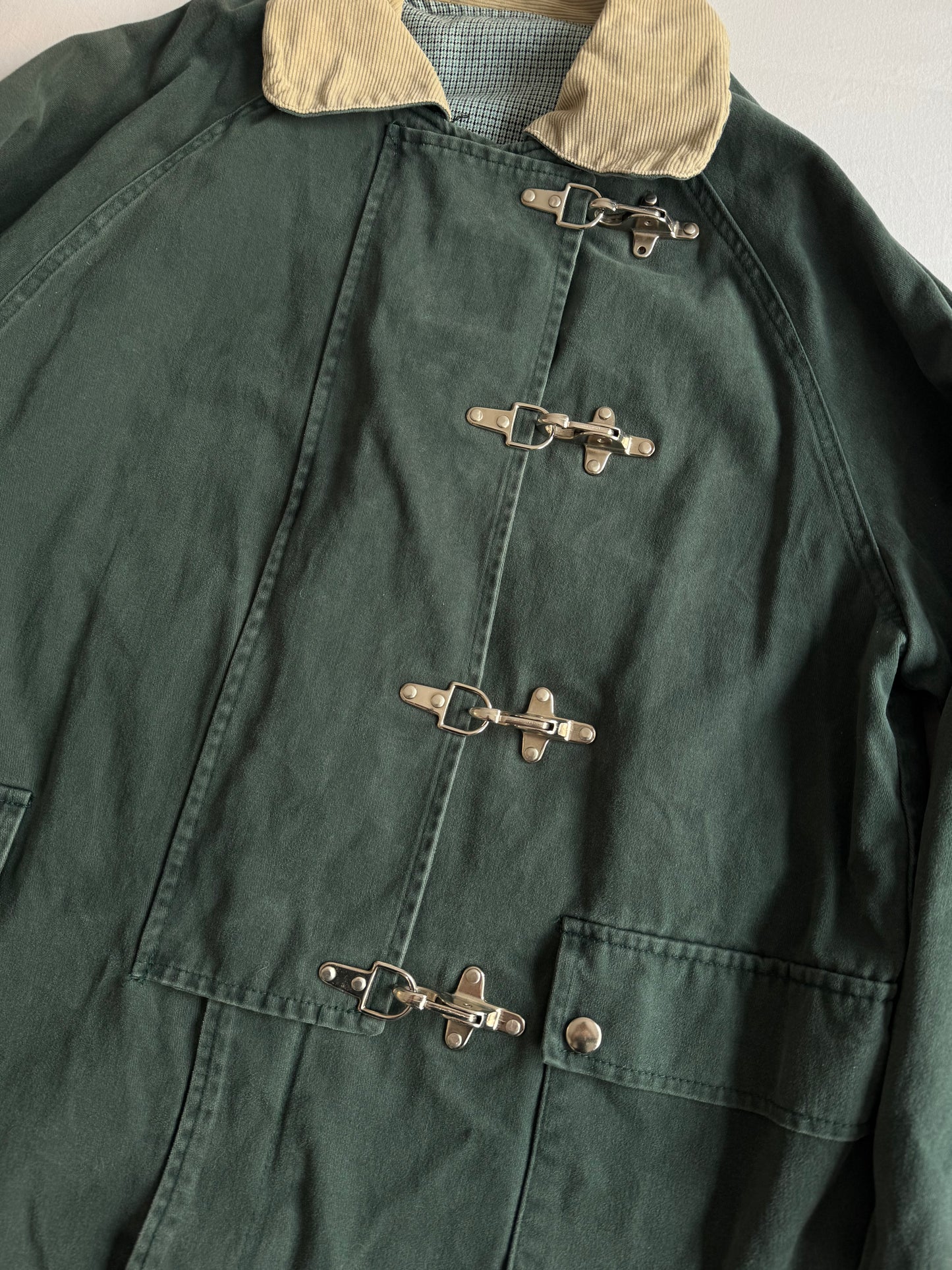 👨‍🚒 Jachetă Vintage Verde Închis din Bumbac cu Guler din Catifea Reiată – Marimea L Bărbați