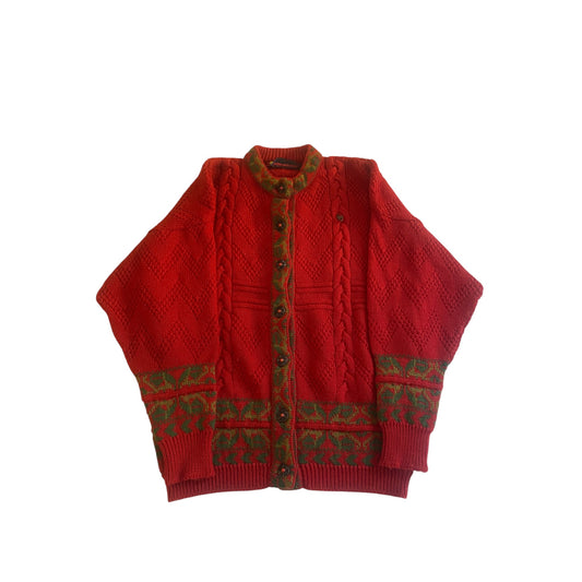 Cardigan Vintage Roșu – Tirolez – Lână 100% – EU 44 – Made in Austria
