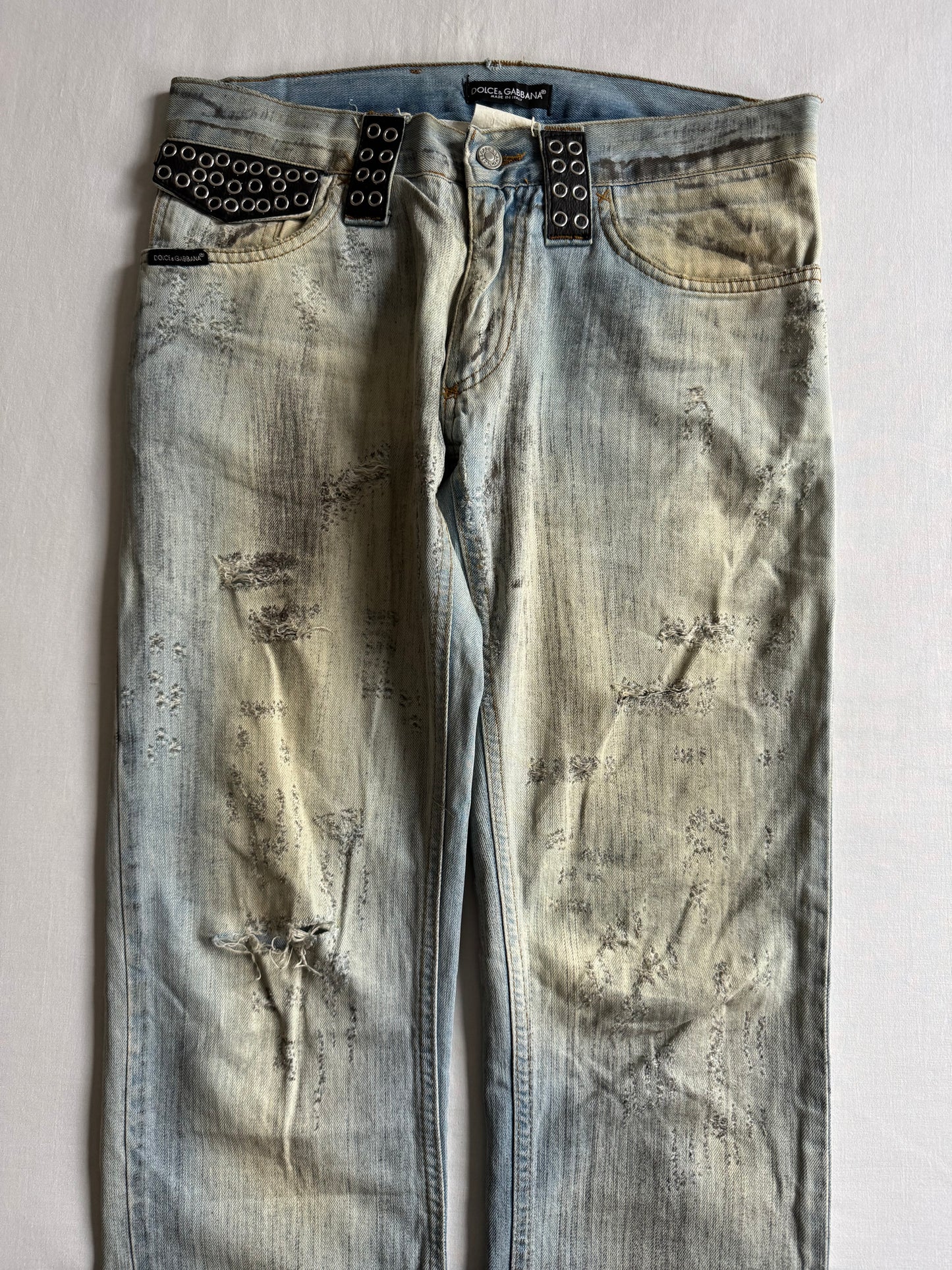 ⭐ Blugi Dolce & Gabbana SS2006 Runway – Eyelet & Leather Belt Loop, Distressed Look (mărimea US 31)