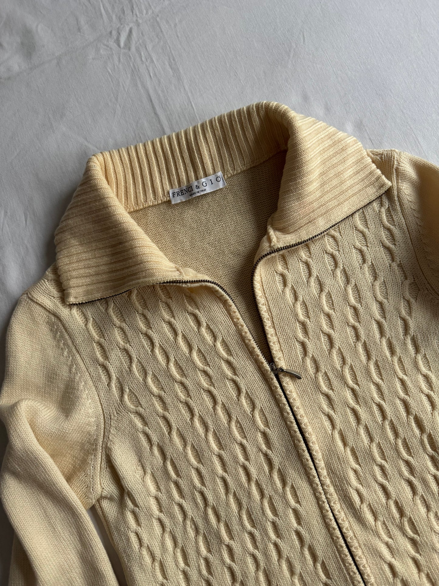 🐑 Pulover Vintage Damă Alb Natural din Lână Merino Extra Fine cu Fermoar Full Zip – M