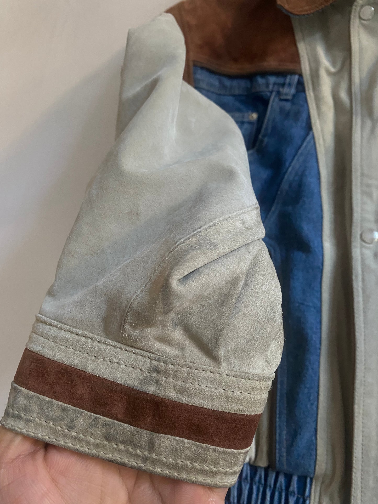 Jachetă Vintage Suede & Denim – Mâneci Detașabile – Mărime 48 (M, Oversized/Boxy Fit)