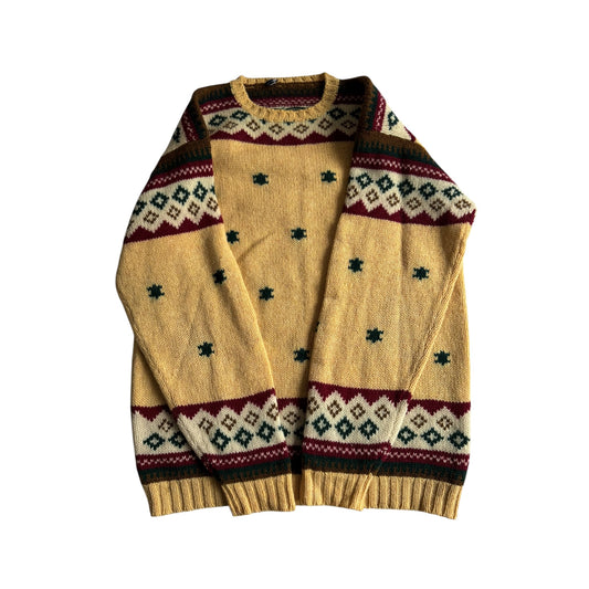 🧶 Pulover Vintage Bărbați Galben cu Model Etnic – L Oversized / XL