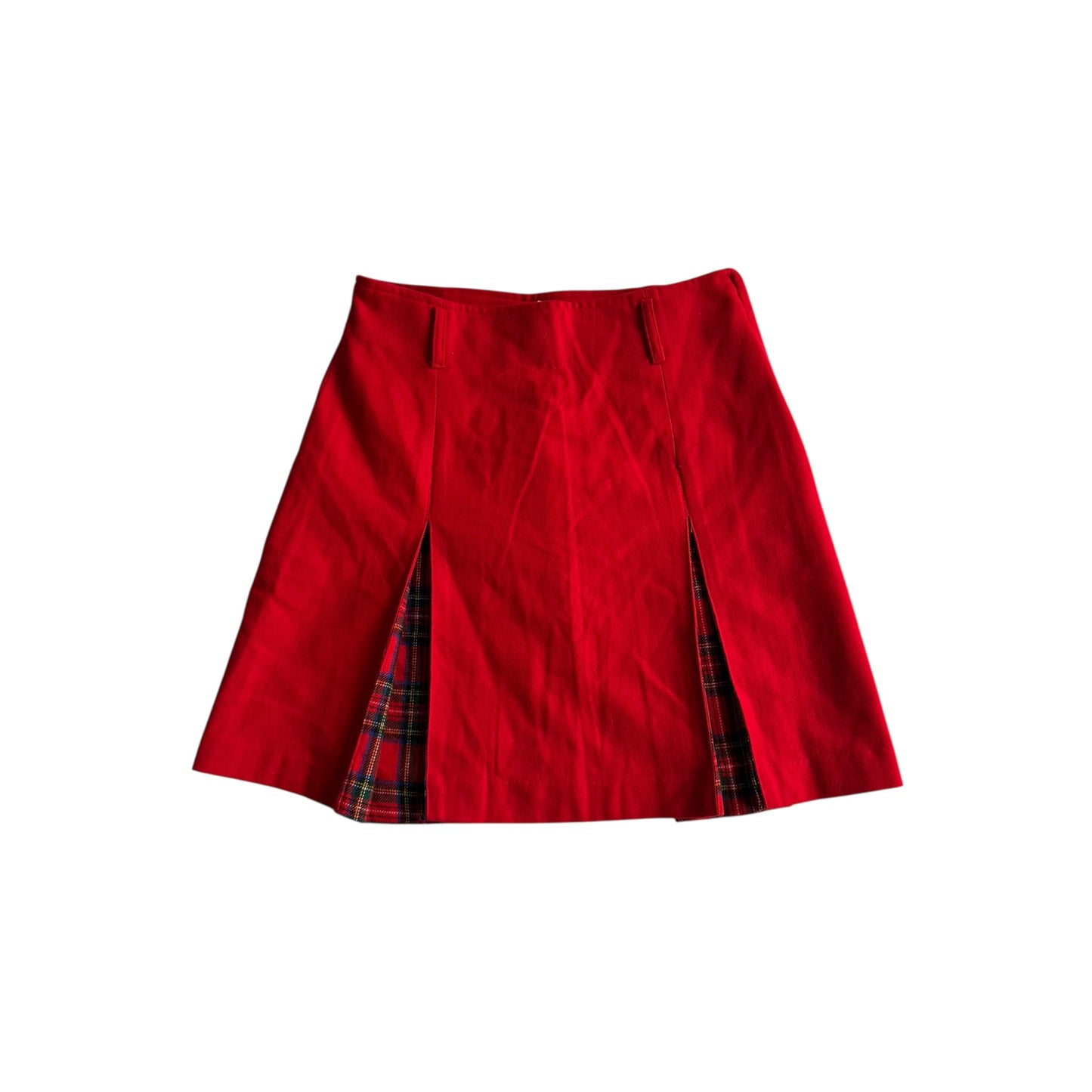 🍒 Fustă Vintage Plisată Roșie din Lână cu Inserții Tartan – M (IT 44)