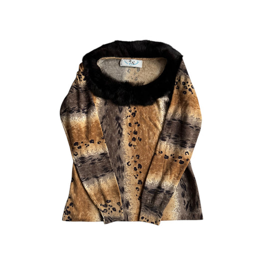 🐆 🧶 Pulover Y2K Damă Animal Print din Lână Merino cu Guler din Blană Naturală – Aprox. S/M Femei