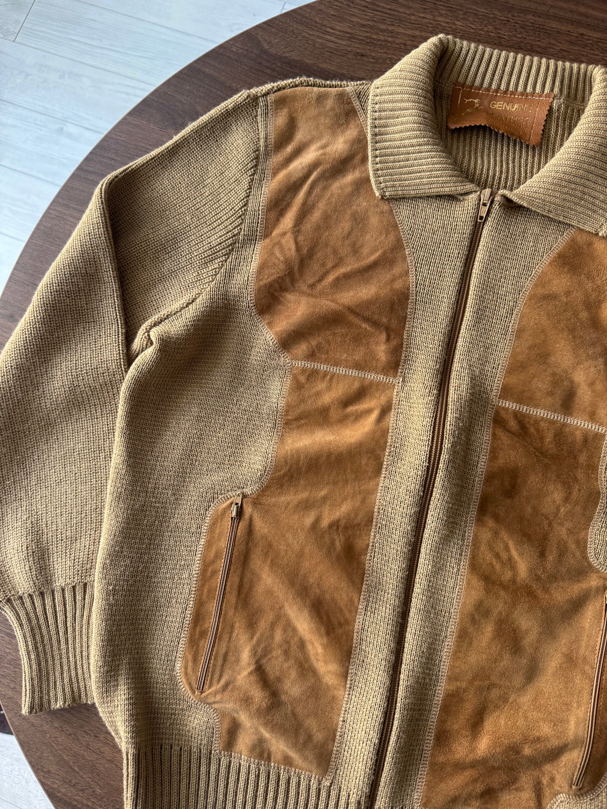Cardigan Lână Crem Vintage Bărbați | Piele Întoarsă | L (50)