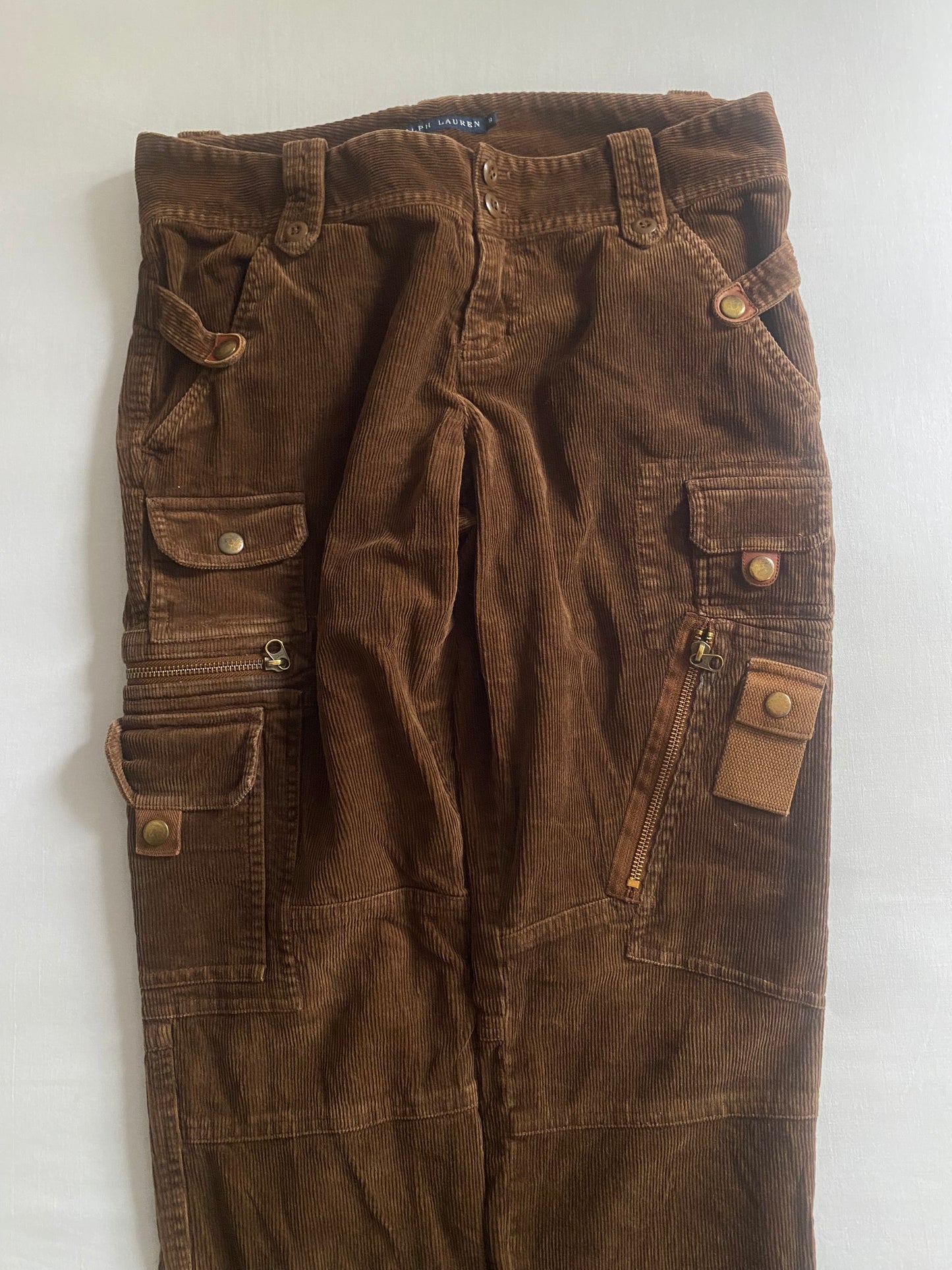 Pantaloni vintage Ralph Lauren pentru femei, cargo din catifea maro tehnică 🍂