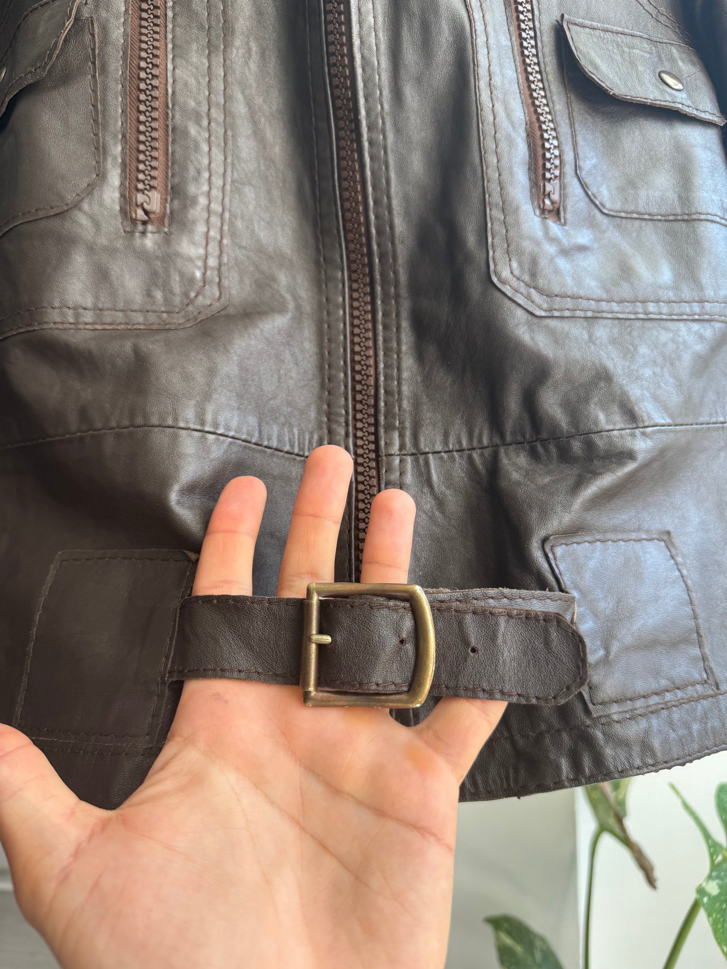 🧰 Geacă Utility din Piele Maro Închis Anii ’80 – Approx. M/L Damă