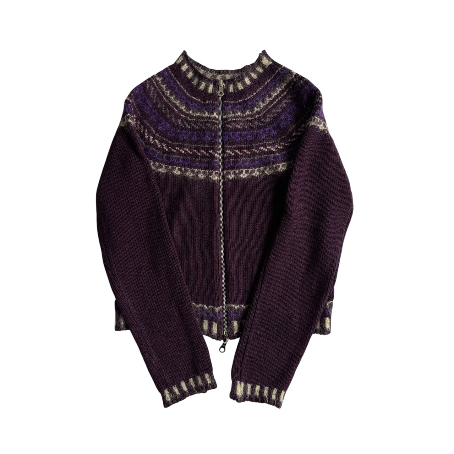 🧶 Pulover Y2K Damă Mov Închis cu Model Etnic și Fermoar – M