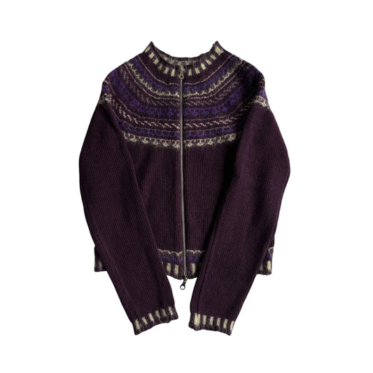 🧶 Pulover Y2K Damă Mov Închis cu Model Etnic și Fermoar – M