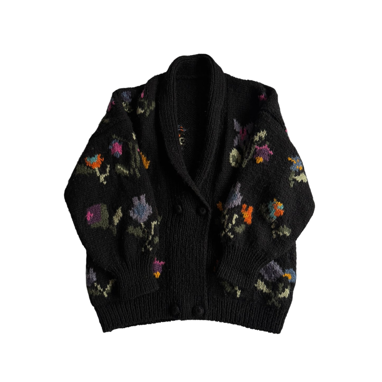 🌼 Cardigan Vintage Damă Negru din Lână cu Broderie Florală – aprox. L