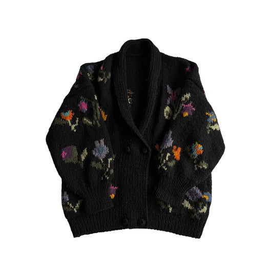 🌼 Cardigan Vintage Damă Negru din Lână cu Broderie Florală – aprox. L