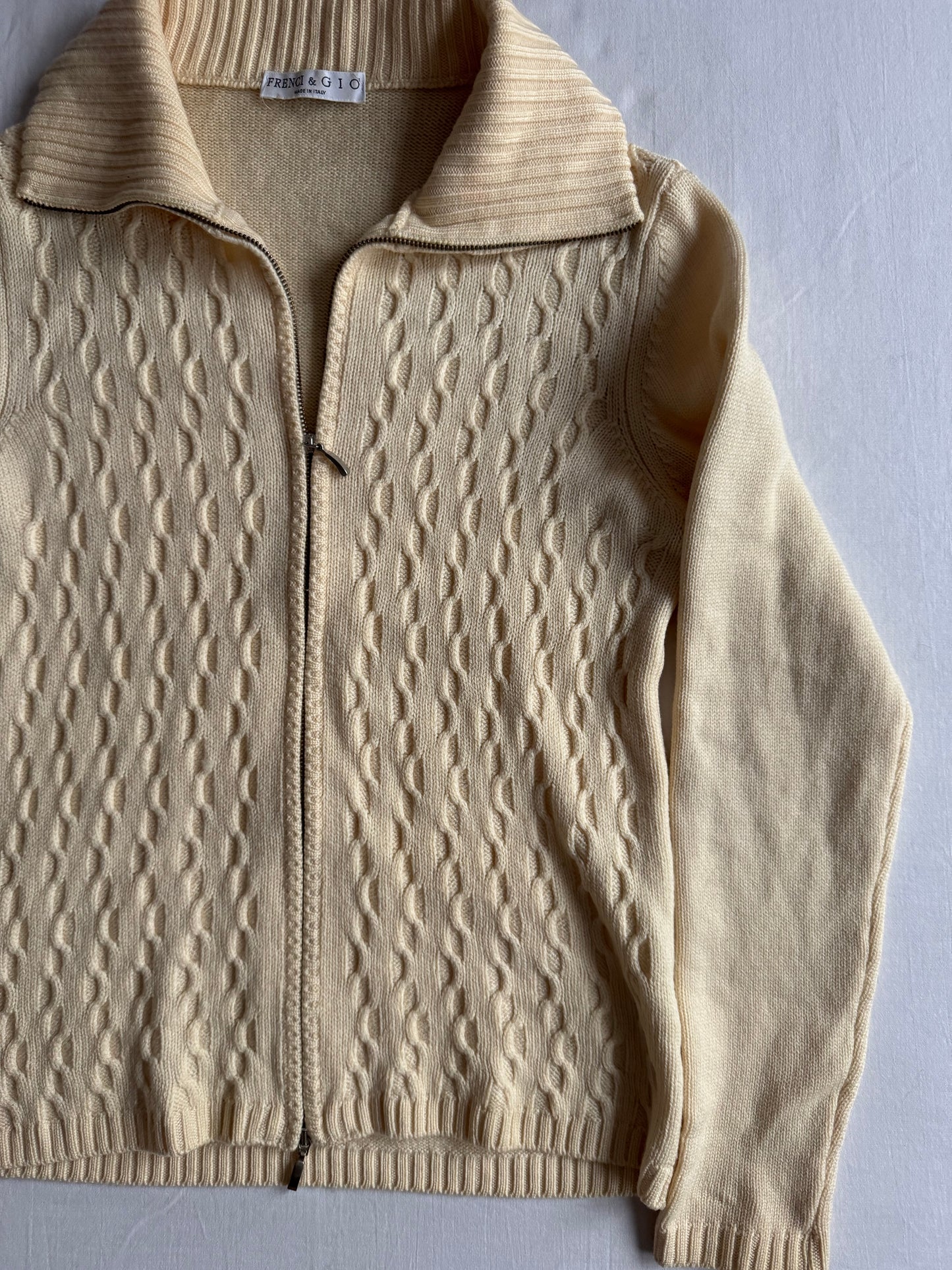 🐑 Pulover Vintage Damă Alb Natural din Lână Merino Extra Fine cu Fermoar Full Zip – M