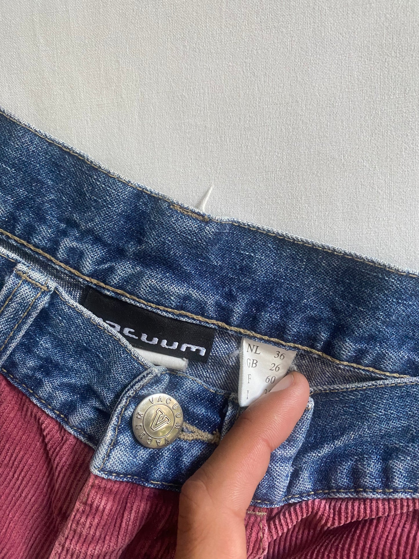Pantaloni Y2K mix denim & catifea roșie – bootcut, mărime EU 36 (S)