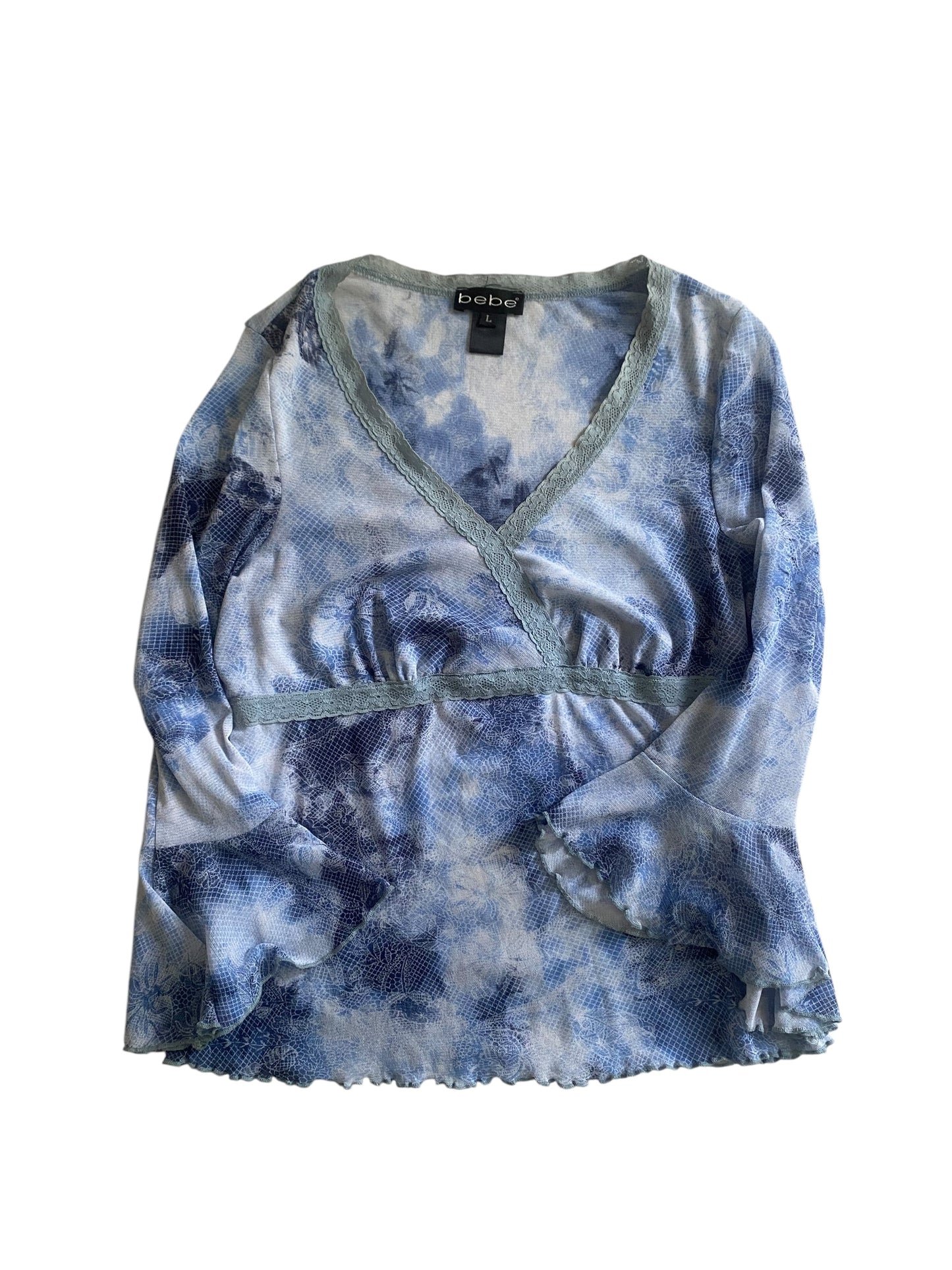 👚 Top Y2K Bebe din Mesh Alb cu Aqua Blue – Mâneci 3/4 – Mărime L