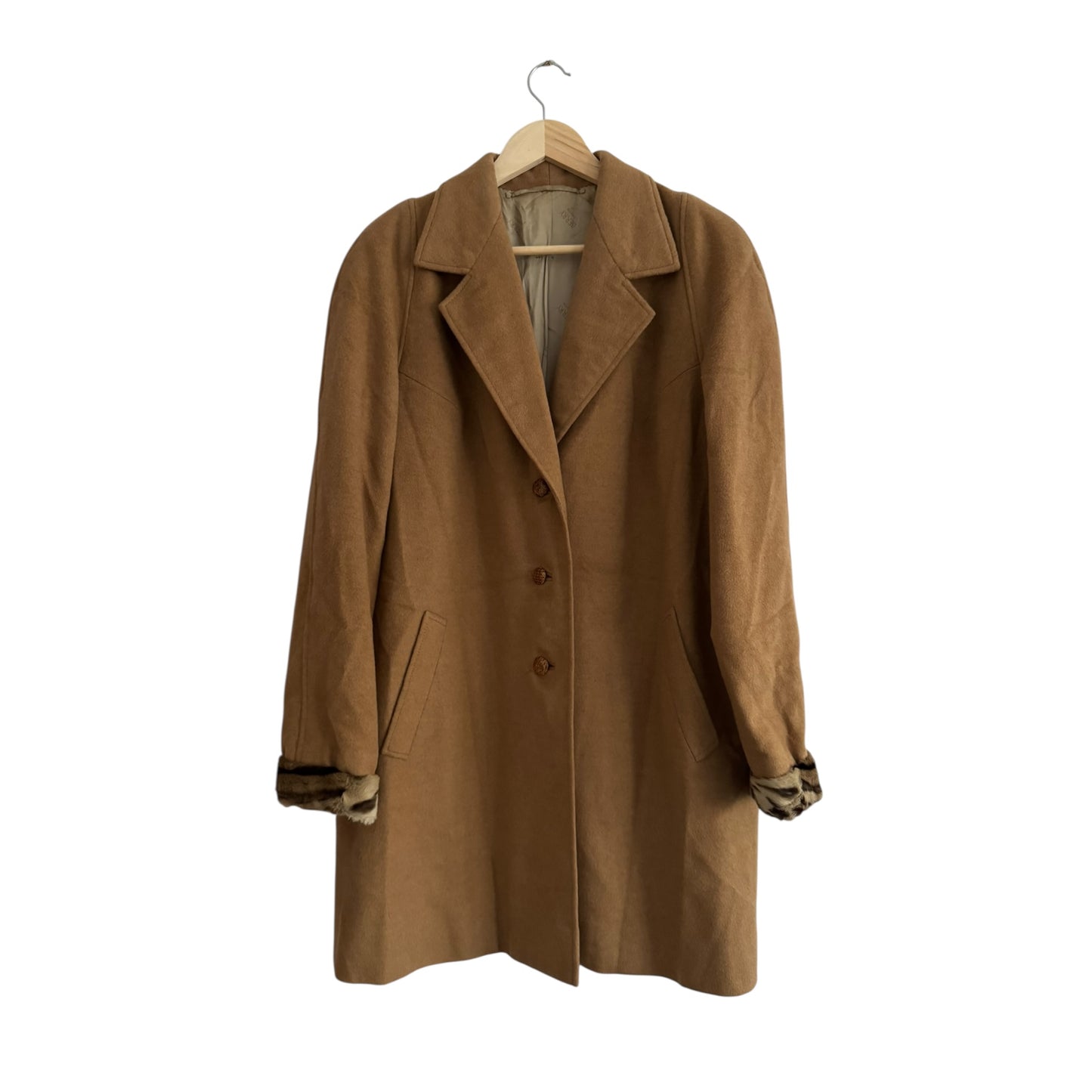 🧥 Palton Vintage Damă Camel din Lână cu Detalii din Blană Naturală – Aprox. L Femei