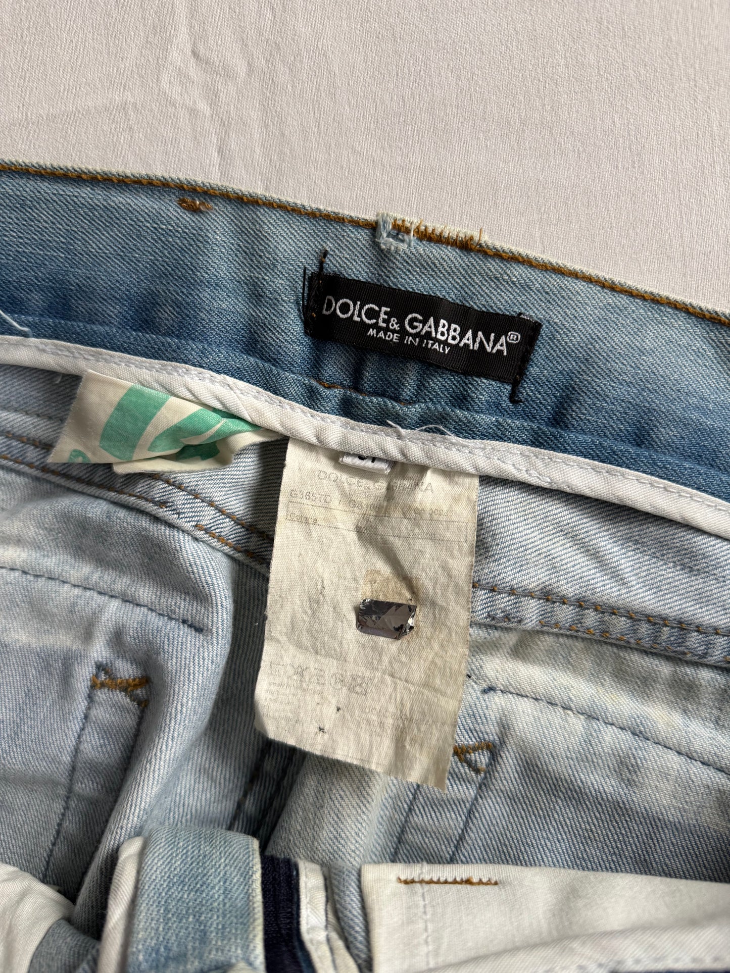 ⭐ Blugi Dolce & Gabbana SS2006 Runway – Eyelet & Leather Belt Loop, Distressed Look (mărimea US 31)