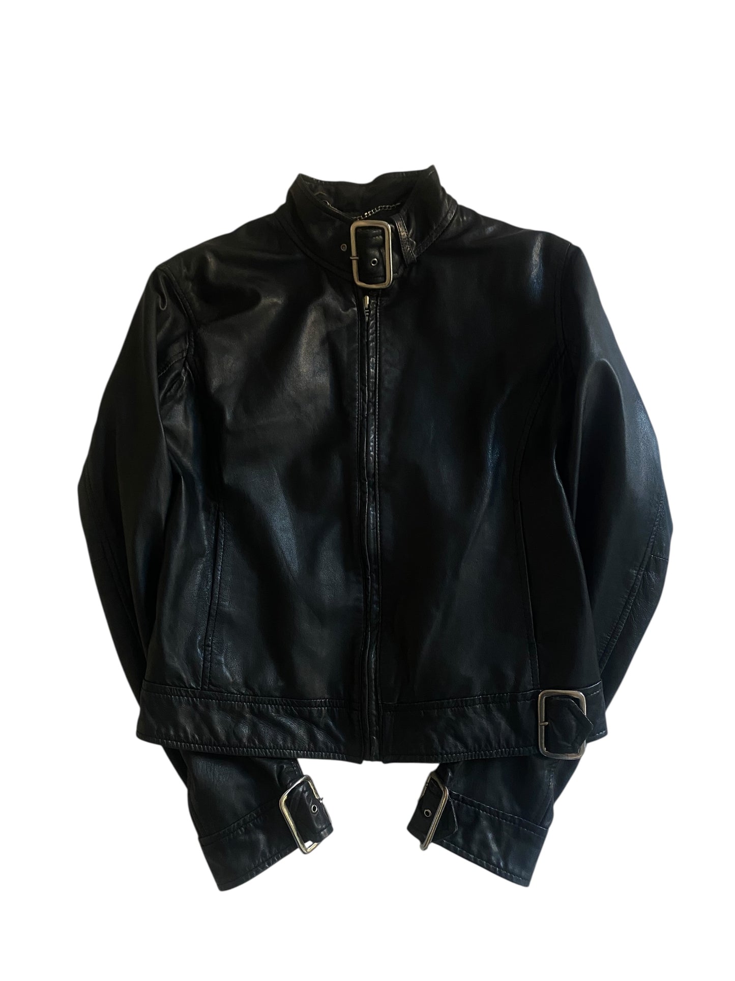 🧥 Geacă Vintage din Piele Neagră Cafe Racer – Mărimea M Femei – Made in India