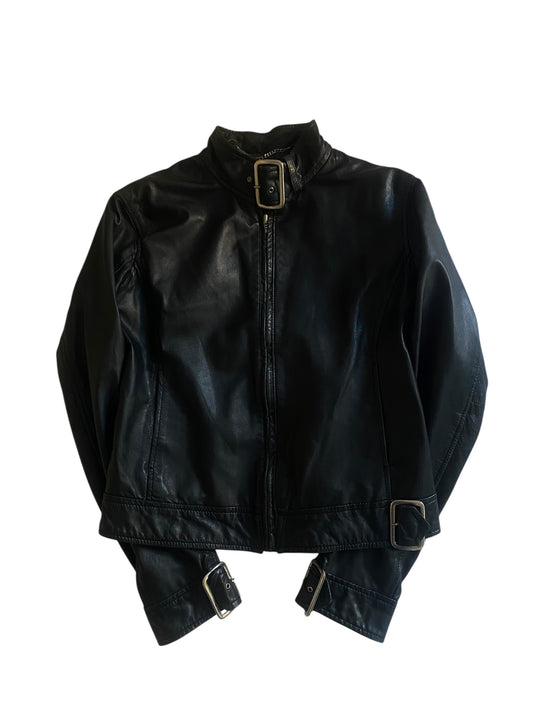 🧥 Geacă Vintage din Piele Neagră Cafe Racer – Mărimea M Femei – Made in India