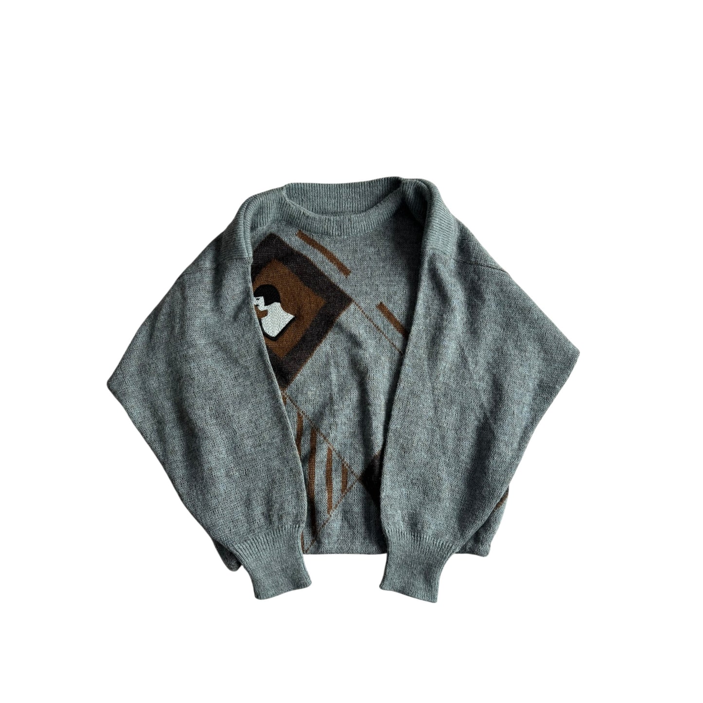 🧶 Pulover Vintage Albastru cu Model Grafic Cropped – Oversized / Unifit