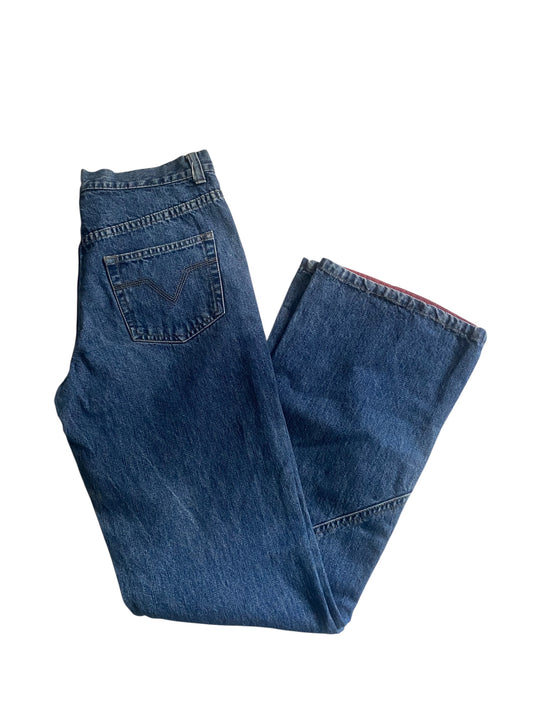 Pantaloni Y2K mix denim & catifea roșie – bootcut, mărime EU 36 (S)