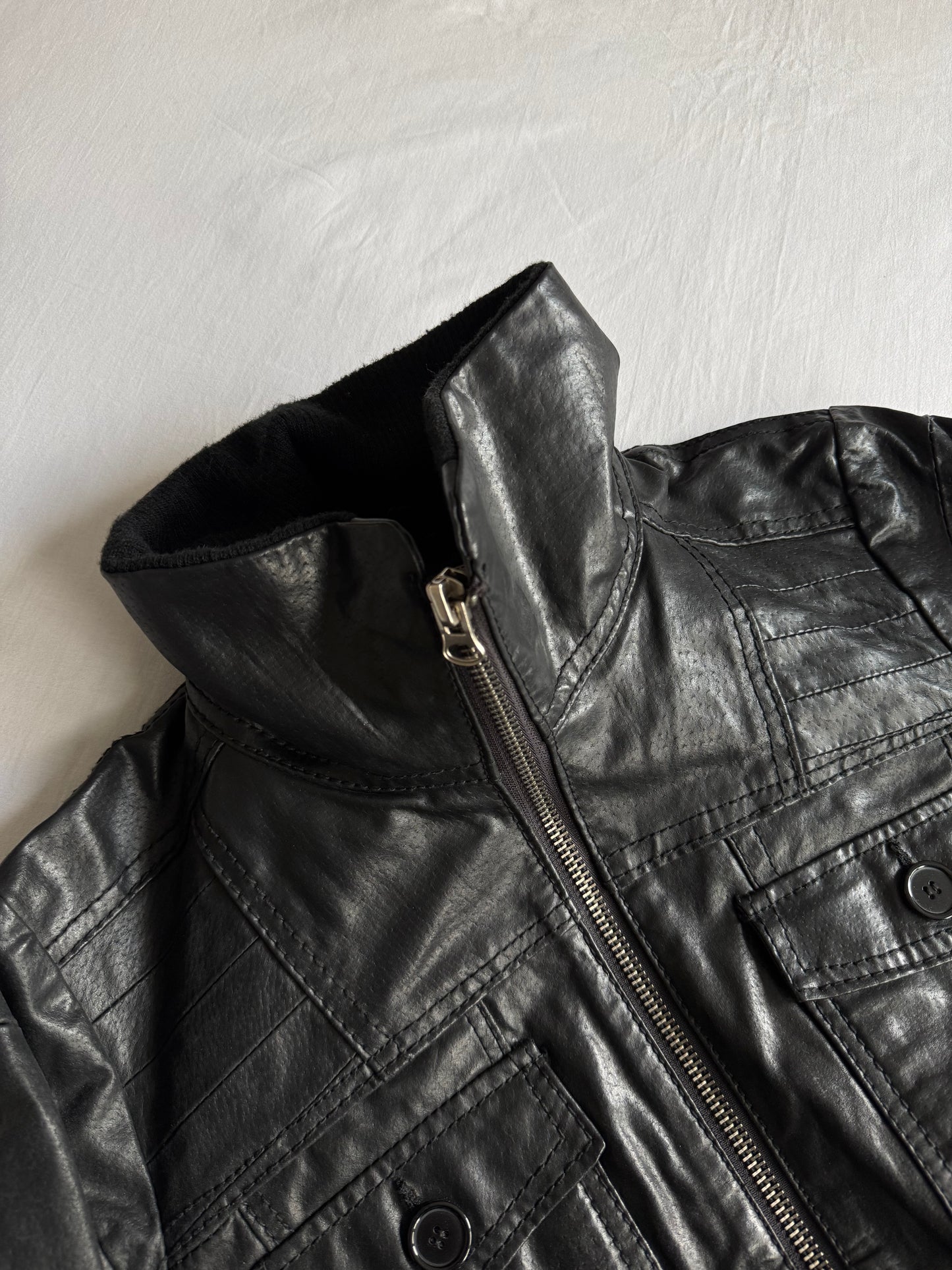 🐽 Geacă Y2K Damă din Piele de Porc Neagră – L