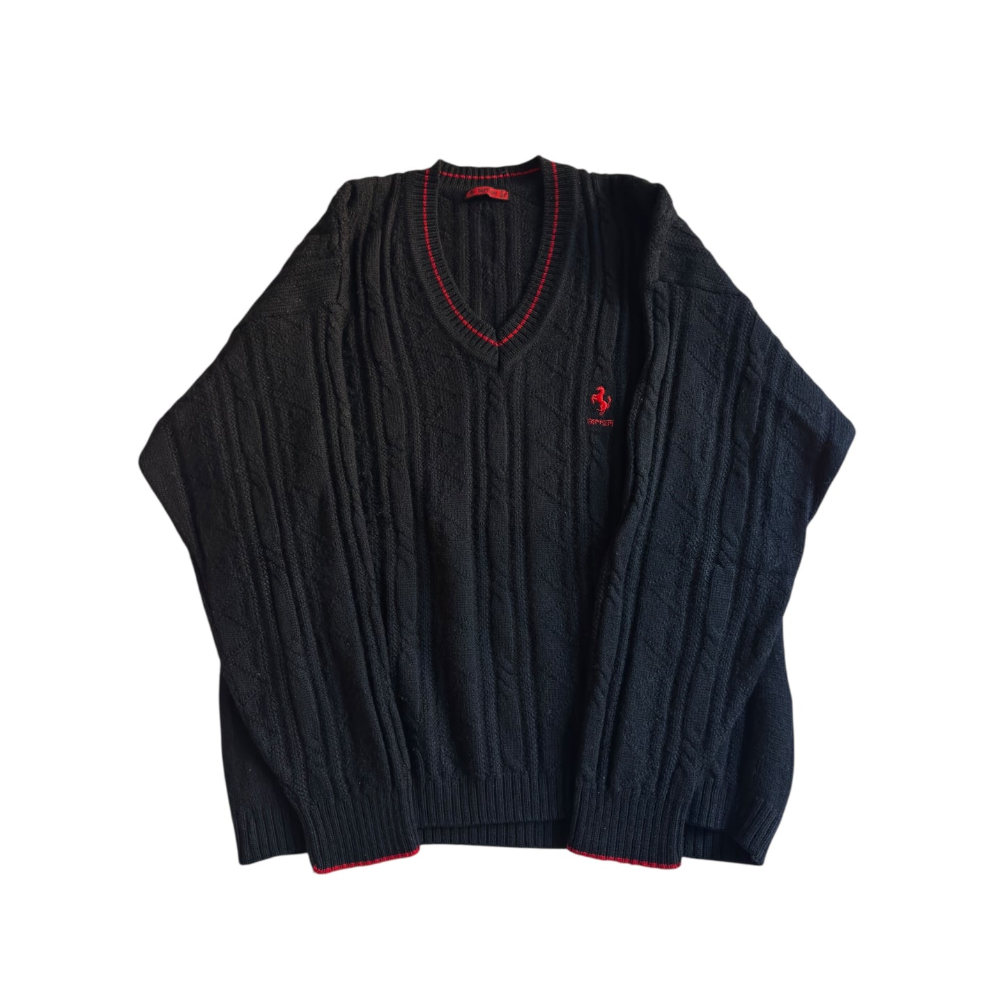 🏎️ 🧶 Pulover vintage Ferrari V-neck negru – mărimea L (Made in Italy)