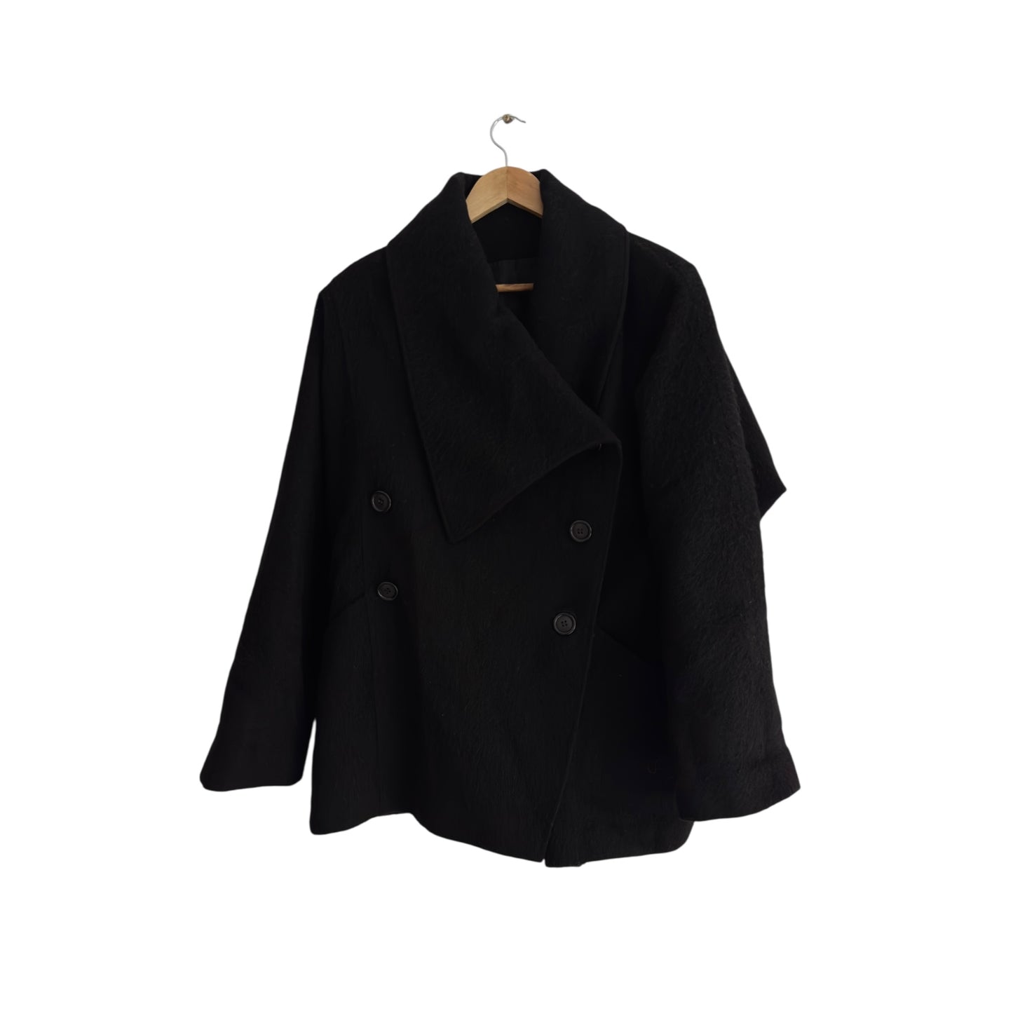 🐐 Palton Scurt Vintage Asimetric Negru din Mohair și Lână Pură – IT 46 (L Damă)