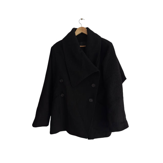 🐐 Palton Scurt Vintage Asimetric Negru din Mohair și Lână Pură – IT 46 (L Damă)