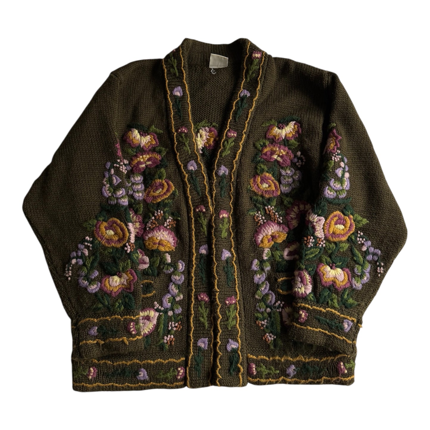 🧶 Cardigan Vintage Damă Verde Închis din Lână cu Broderie Florală – S