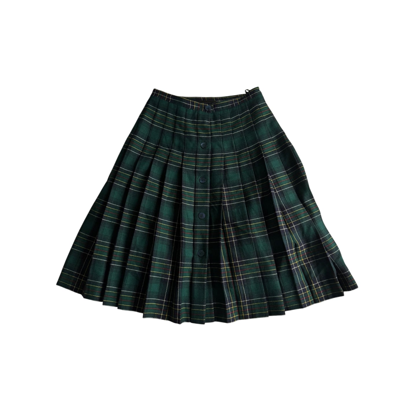 🌳 Fustă Vintage Plisată din Lână Tartan Verde – aprox. M