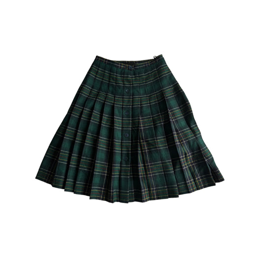 🌳 Fustă Vintage Plisată din Lână Tartan Verde – aprox. M