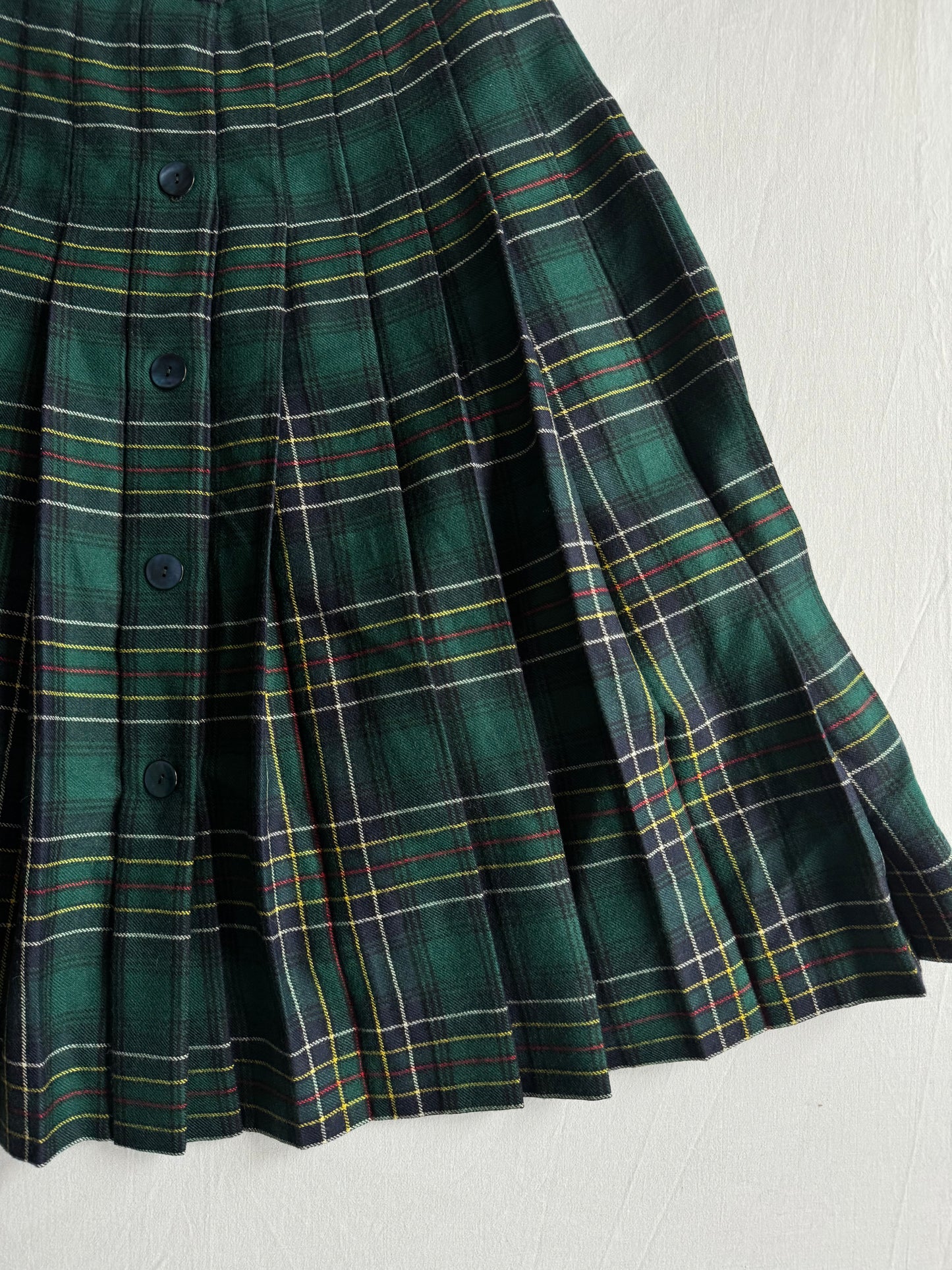 🌳 Fustă Vintage Plisată din Lână Tartan Verde – aprox. M