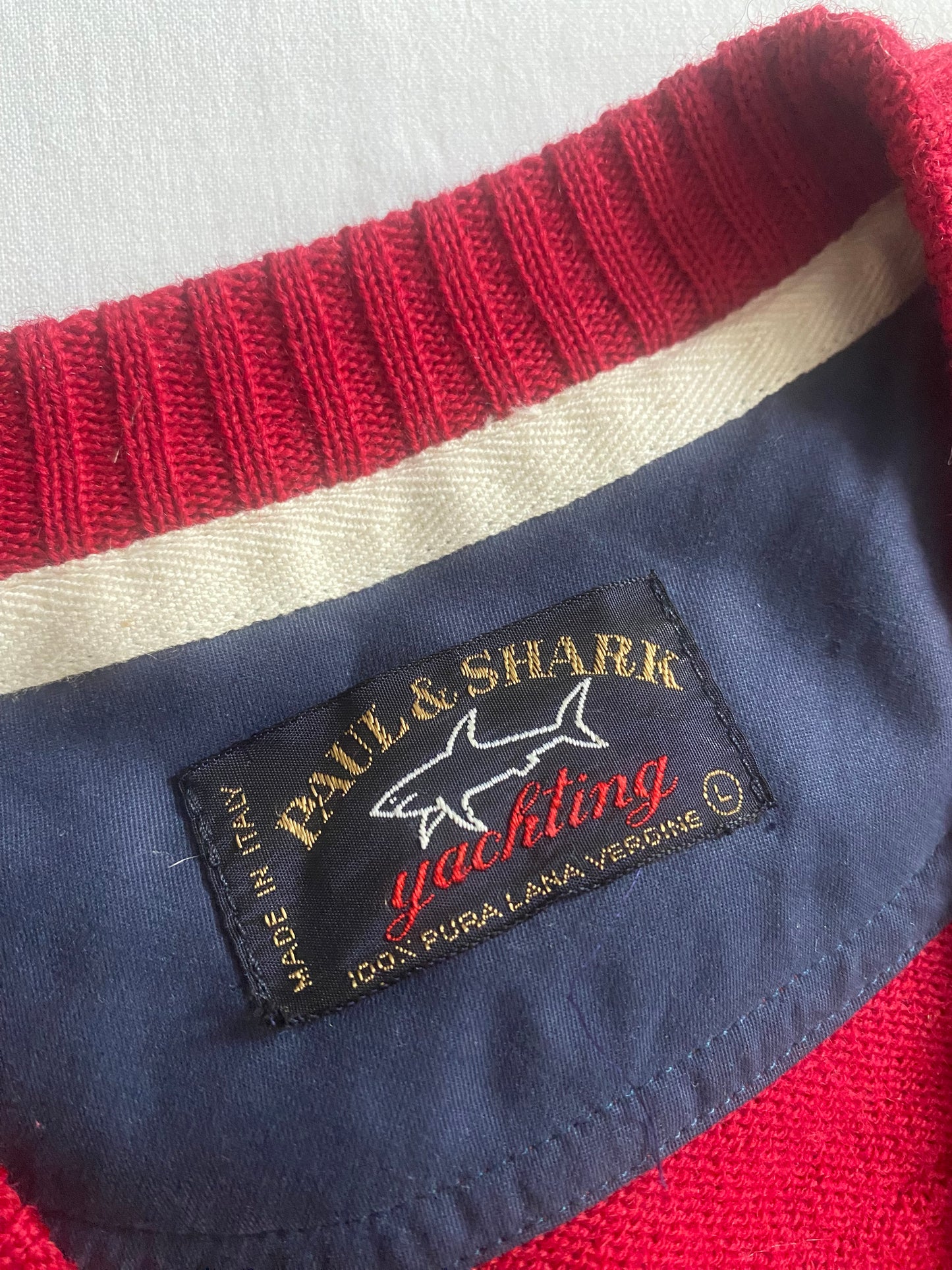 🦈 Pulover Vintage Paul & Shark – V-Neck Roșu – 100% Lână Virgină – Made in Italy – Men’s L