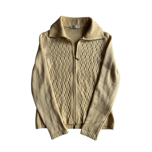 🐑 Pulover Vintage Damă Alb Natural din Lână Merino Extra Fine cu Fermoar Full Zip – M