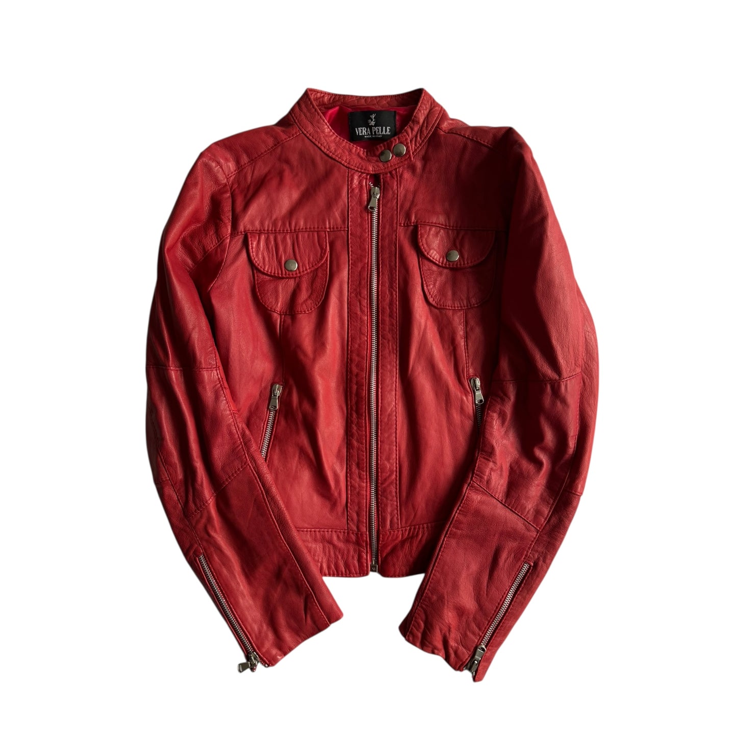 🍒 Jachetă Y2K Cafe Racer Roșie din Piele – S Damă