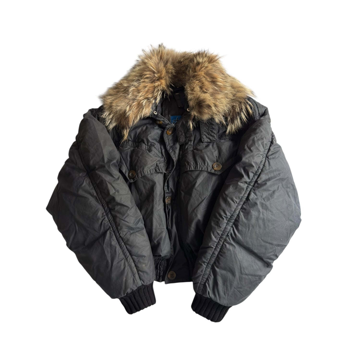 ⛷️ Geacă vintage Jet Set din puf natural cu guler din blană de raton – Made in Italy – mărime L