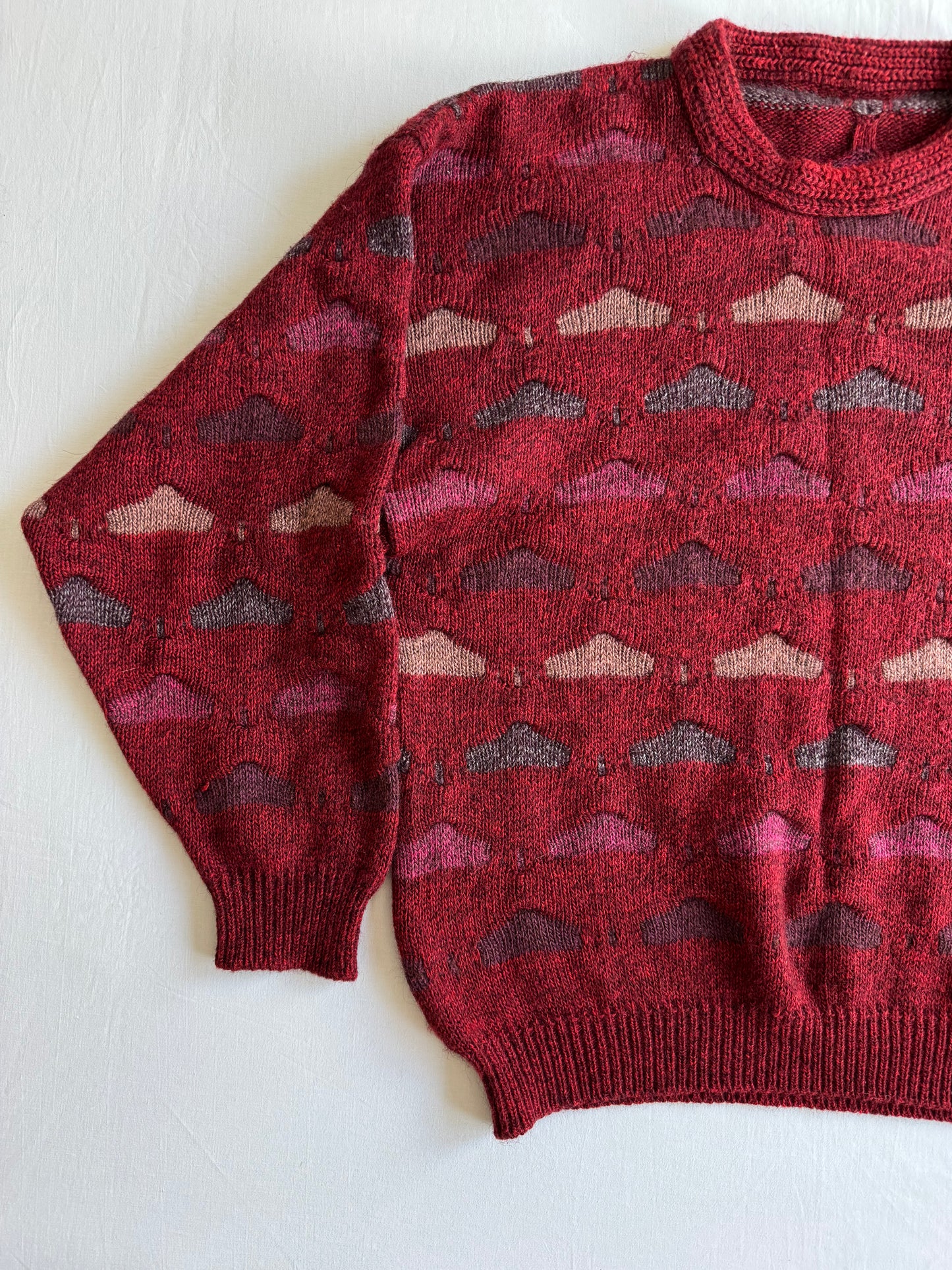 🧶 Pulover Vintage Bărbați Roșu Închis 3D Knit din Lână, Alpaca și Acril – L