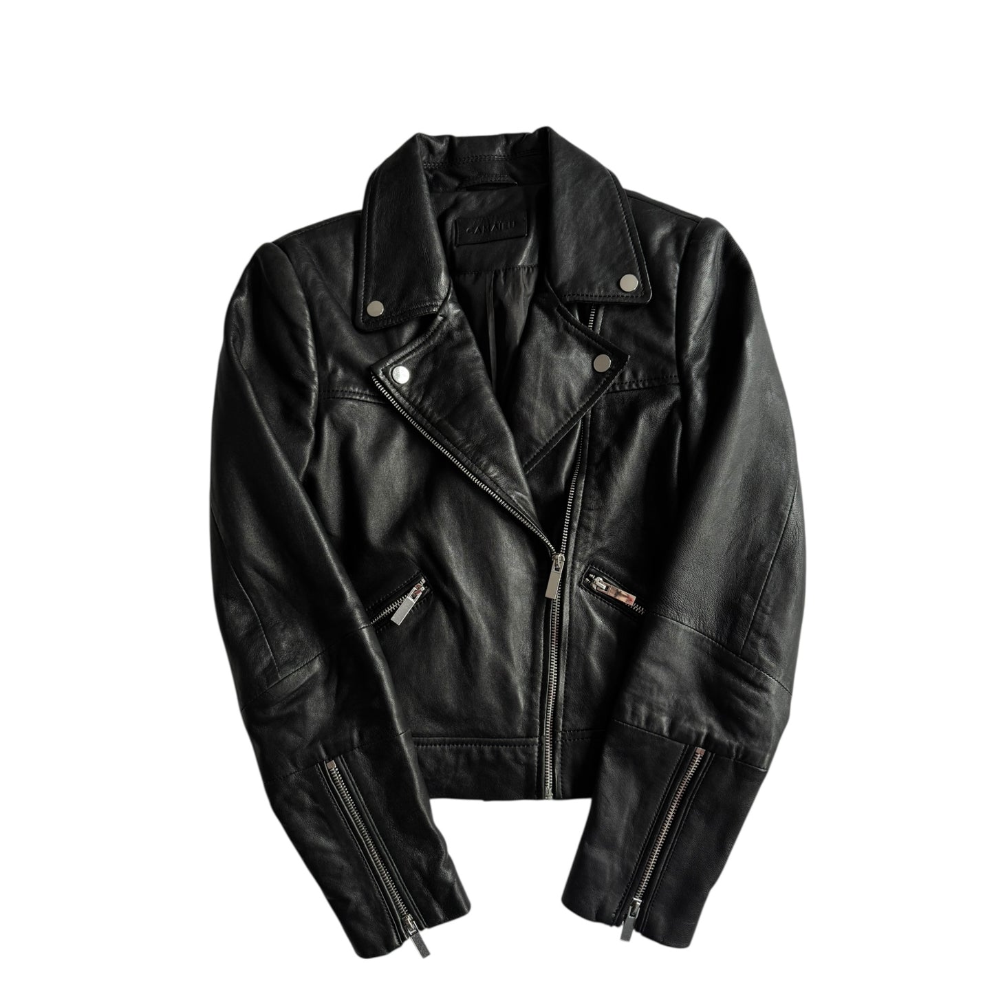 🏍️ Jachetă Biker Y2K Neagră din Piele de Oaie – EU 36 (S Damă)