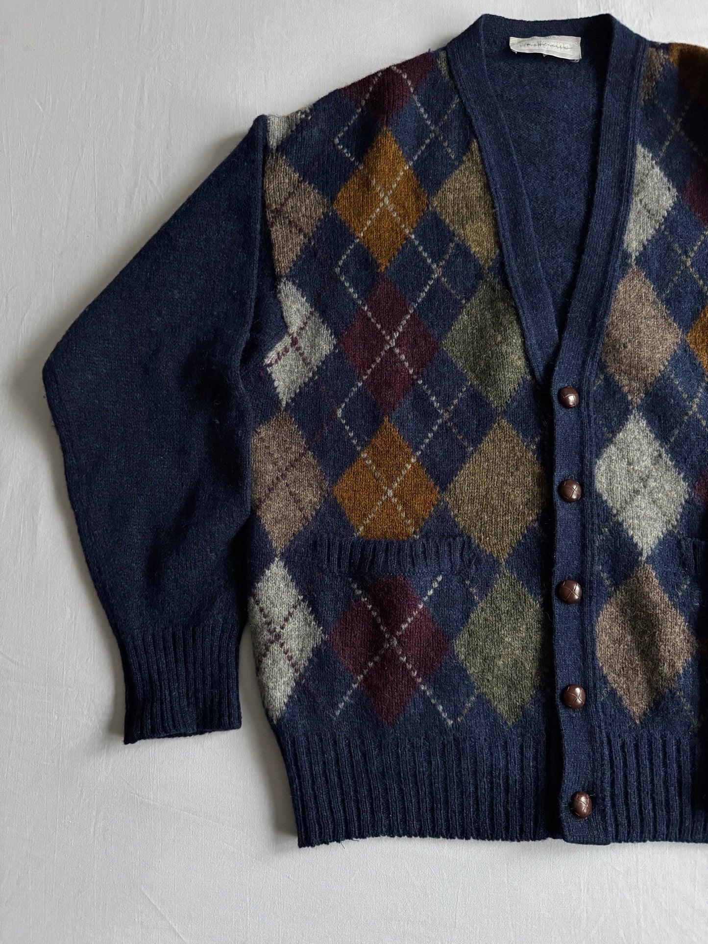 🧶 Cardigan Vintage Bărbați Navy din Lână Virgină cu Pattern Argyle – L