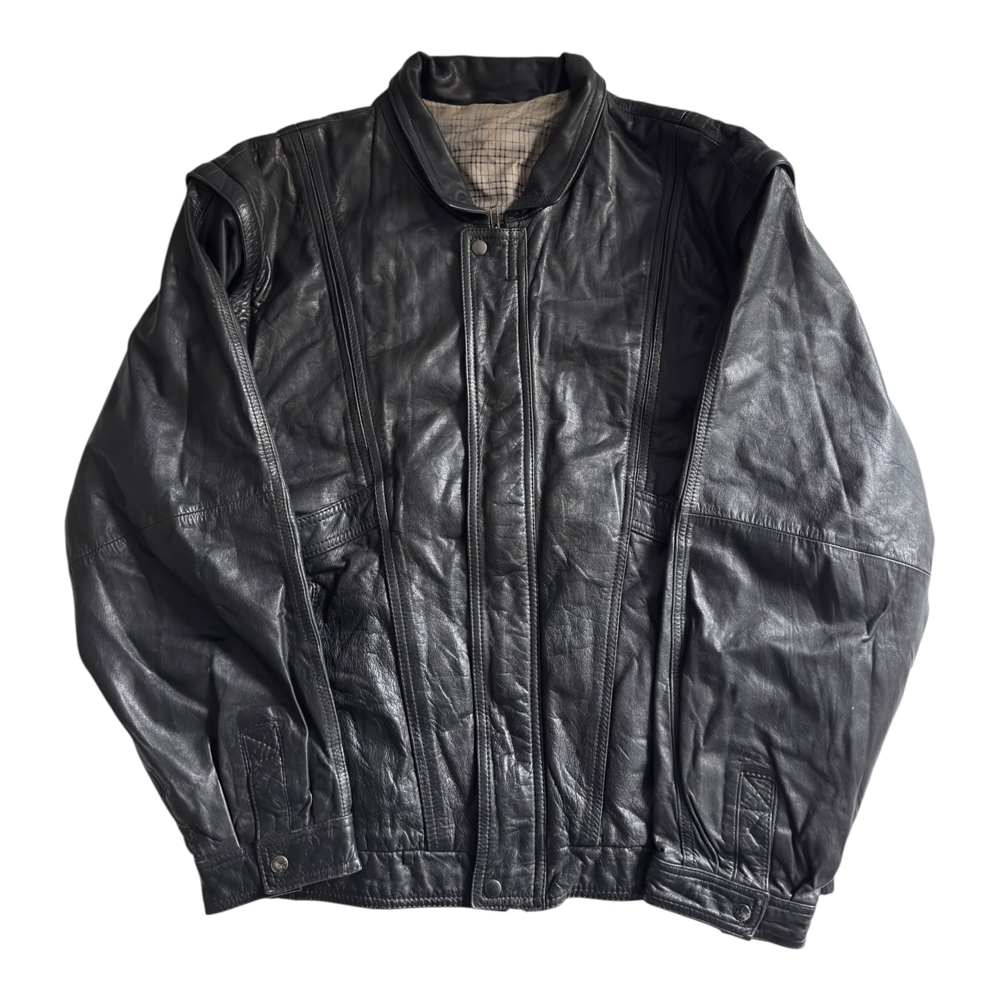 ☕️ Jachetă vintage din piele neagră cu mâneci detașabile – mărimea L