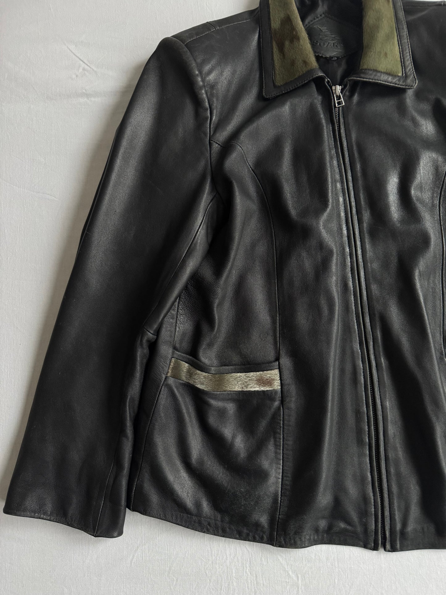 🖤 Geacă Vintage Damă din Piele Neagră cu Aplicații Păr Animal – XXL