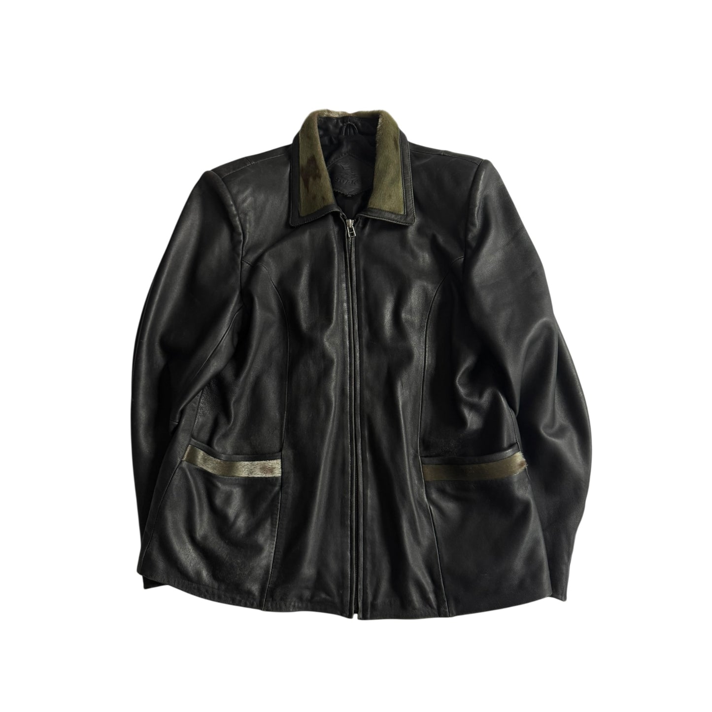 🖤 Geacă Vintage Damă din Piele Neagră cu Aplicații Păr Animal – XXL