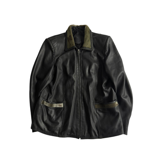 🖤 Geacă Vintage Damă din Piele Neagră cu Aplicații Păr Animal – XXL