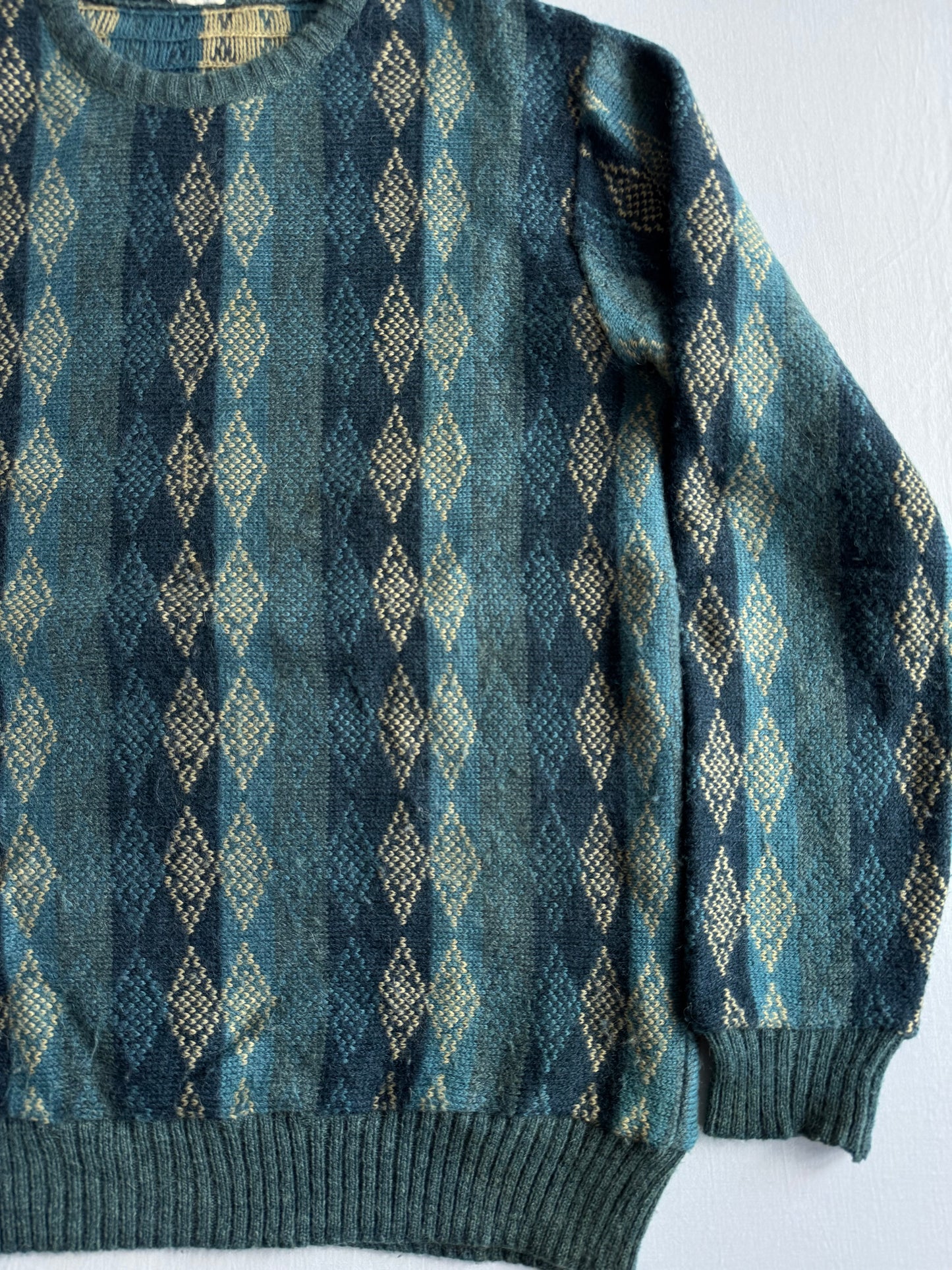 🧶 Pulover Vintage Albastru cu Model din Blend Lână & Alpaca – L (52)