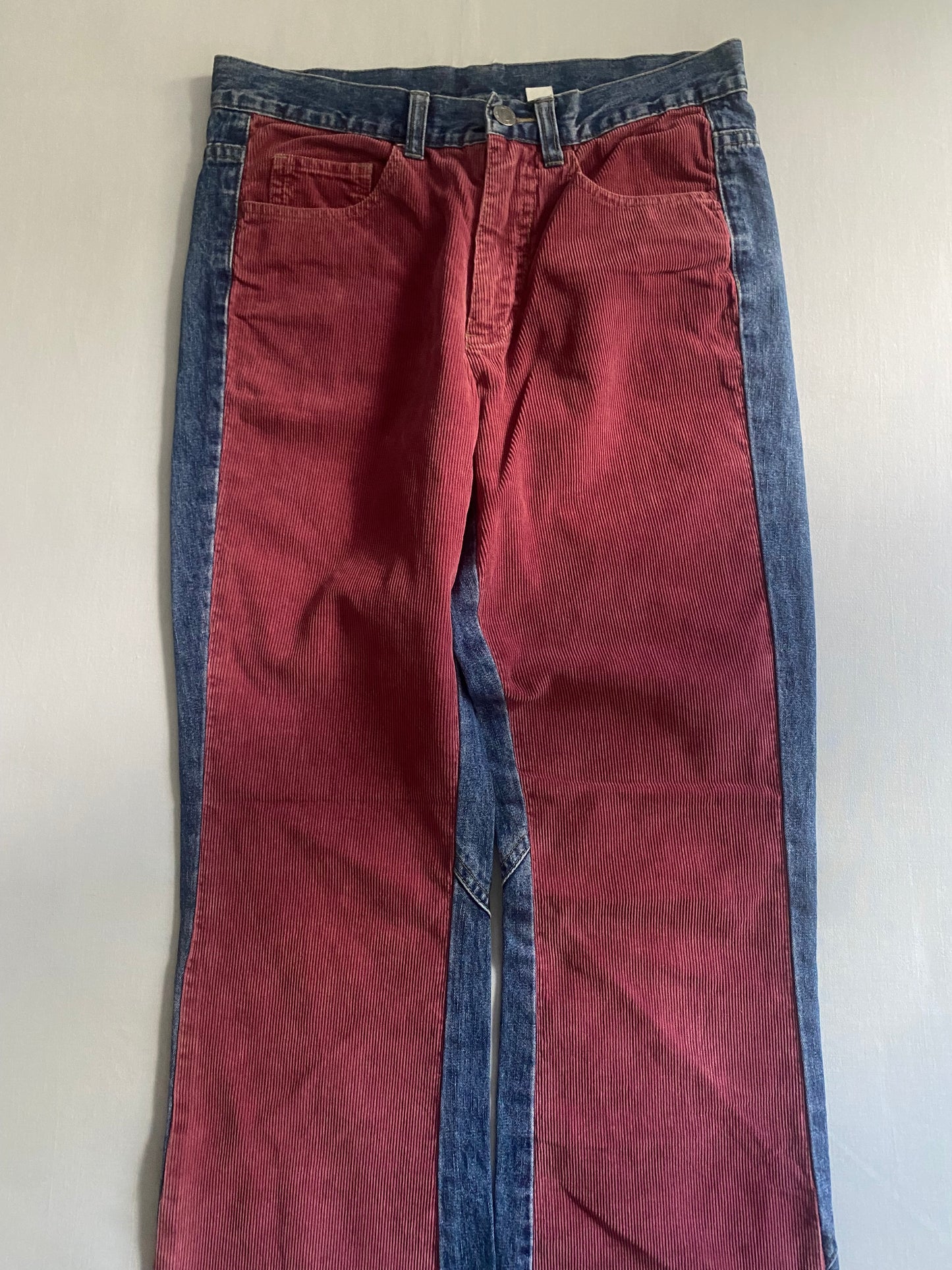 Pantaloni Y2K mix denim & catifea roșie – bootcut, mărime EU 36 (S)