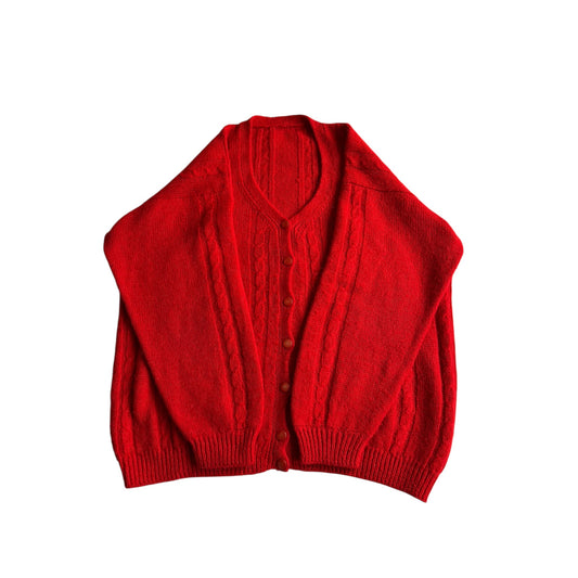 🍒 Cardigan Vintage Damă Roșu Cable Knit – aprox. L