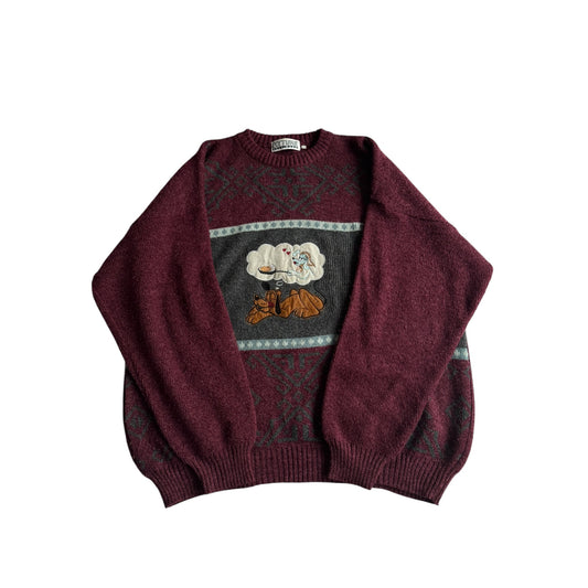 🧶 Pulover Vintage Bărbați Burgundy cu Broderie Câine – XL