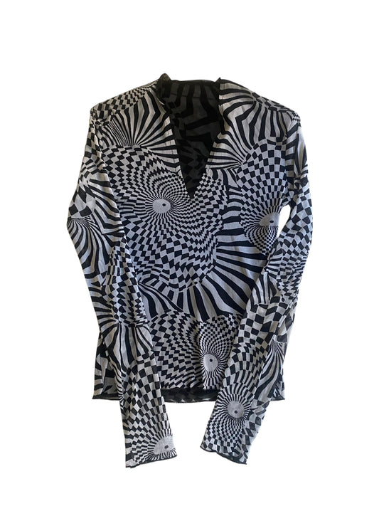 🖤 Top Y2K Mesh cu Imprimeu Abstract Alb-Negru, Mâneci Lungi – Mărimea S